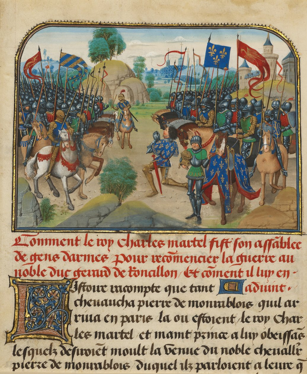 Die Armeen von Frankreich und Burgund mit Martel im Gebet von Loyset Liedet