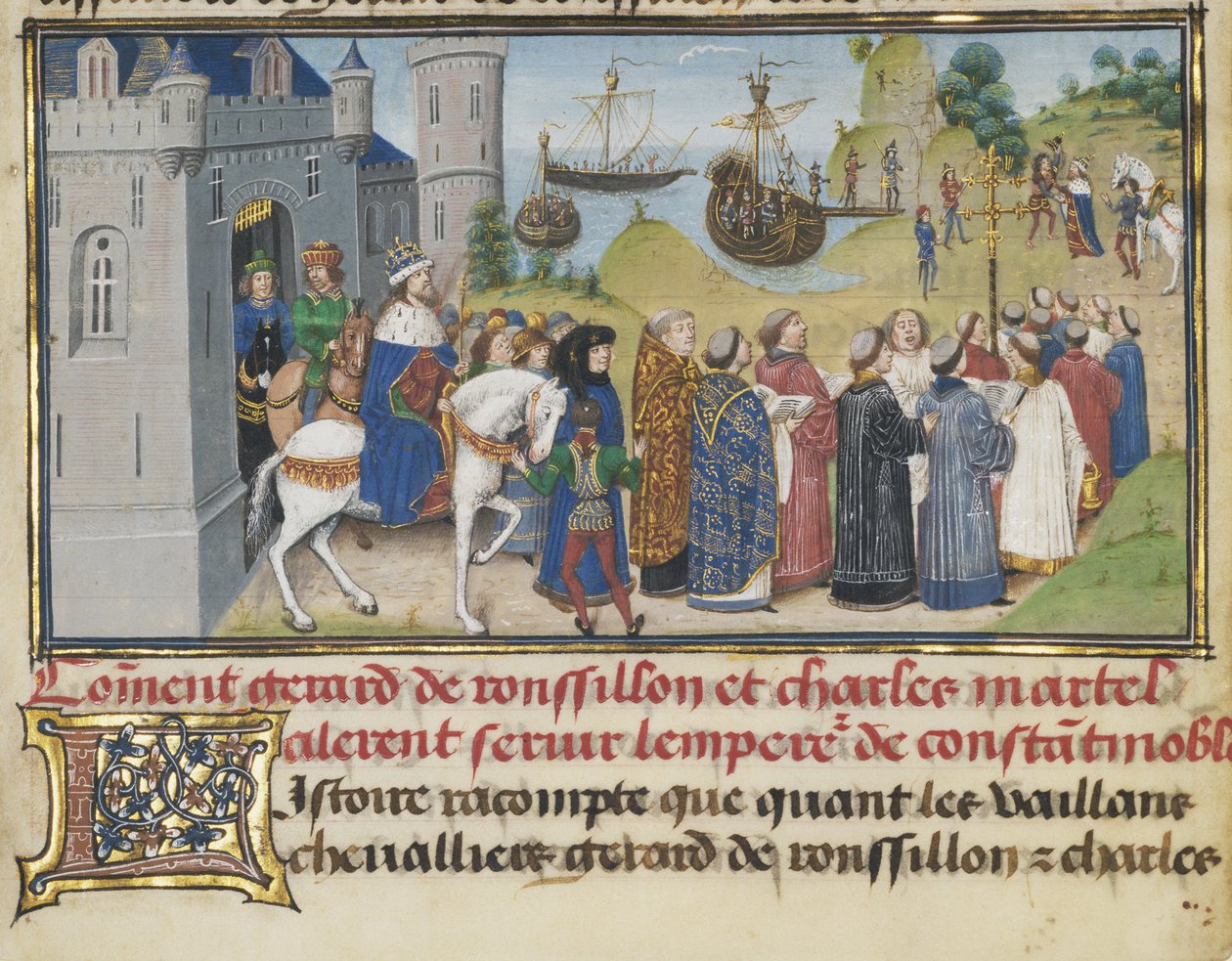Der byzantinische Kaiser begrüßt Roussillon und Martel von Loyset Liedet