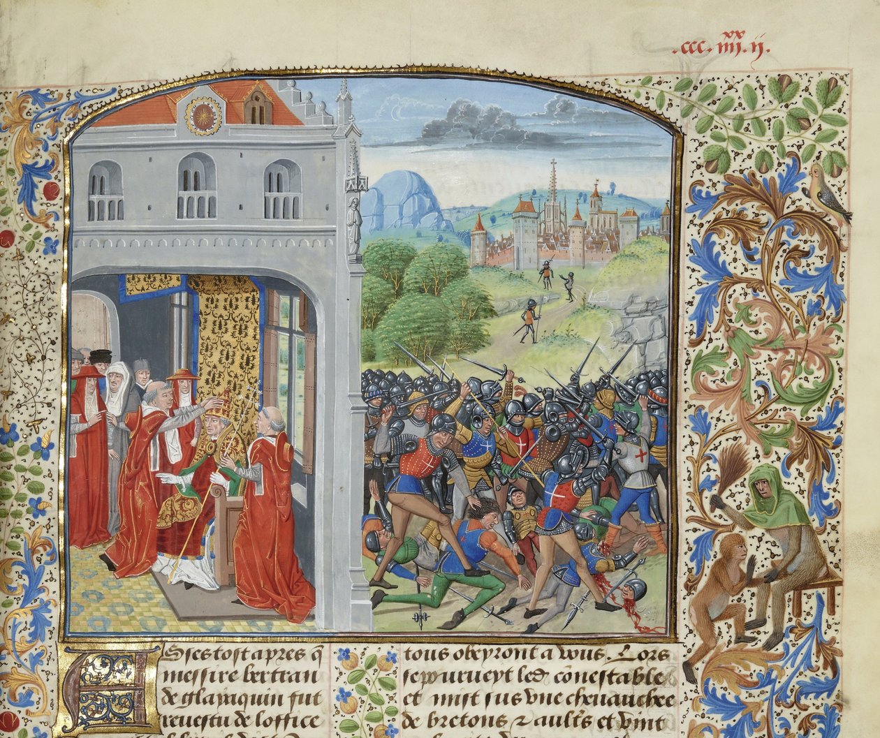 Die Krönung von Papst Gregor XI. und die Schlacht von Pontvallain, 1370, ca. 1470-1475 von Loyset Liedet