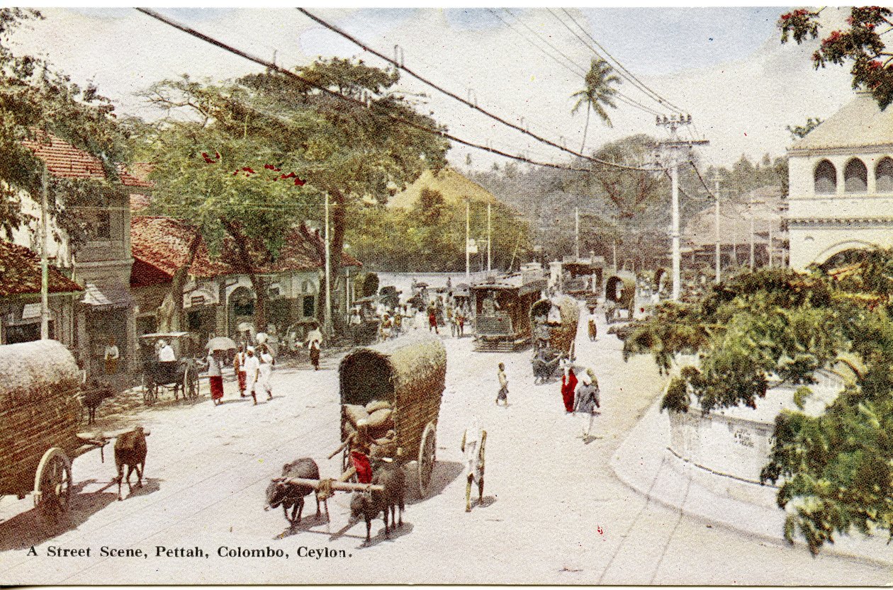 Straßenszene, Pettah, Colombo, Ceylon, ca. 1900-20 (handkolorierte Fotografie) von Ltd. Ceylon Plâté