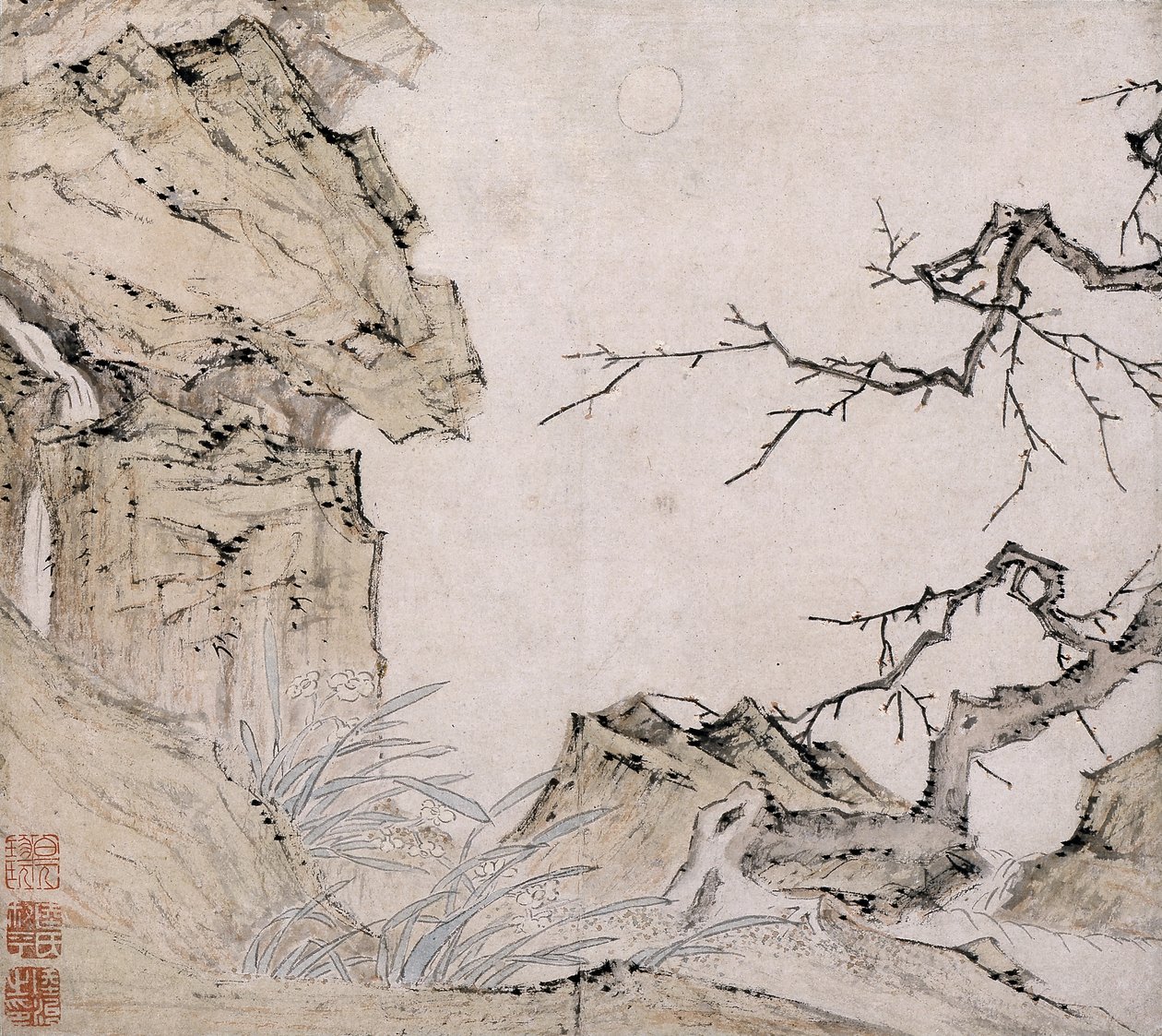 Narzissus, Pflaumenbaum in einer Landschaft von Lu Zhi