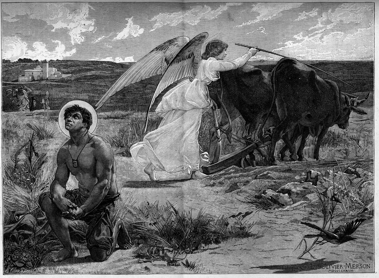 Heiliger Isidor, Schutzpatron der Pflüger. Ein Engel hilft dem Heiligen Isidor, ein Feld mit einem Pflug zu pflügen. 19. Jahrhundert. Stich nach dem Gemälde von Luc Olivier Merson (1846-1920). In „Le Monde illustré“ Nr. 1294 vom 21. Januar von Luc Oliver Merson