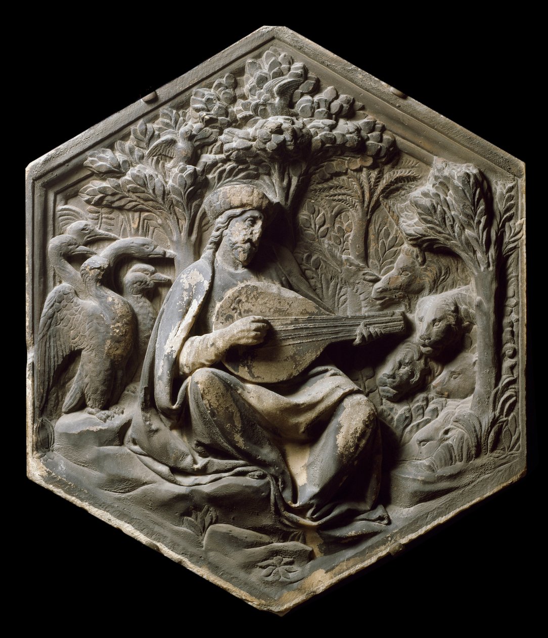 Allegorie der Musik als Orpheus. Die Tiere des Waldes lauschen Orpheus, der die Laute spielt. Hochrelief von Luca della Robbia von Luca Della Robbia