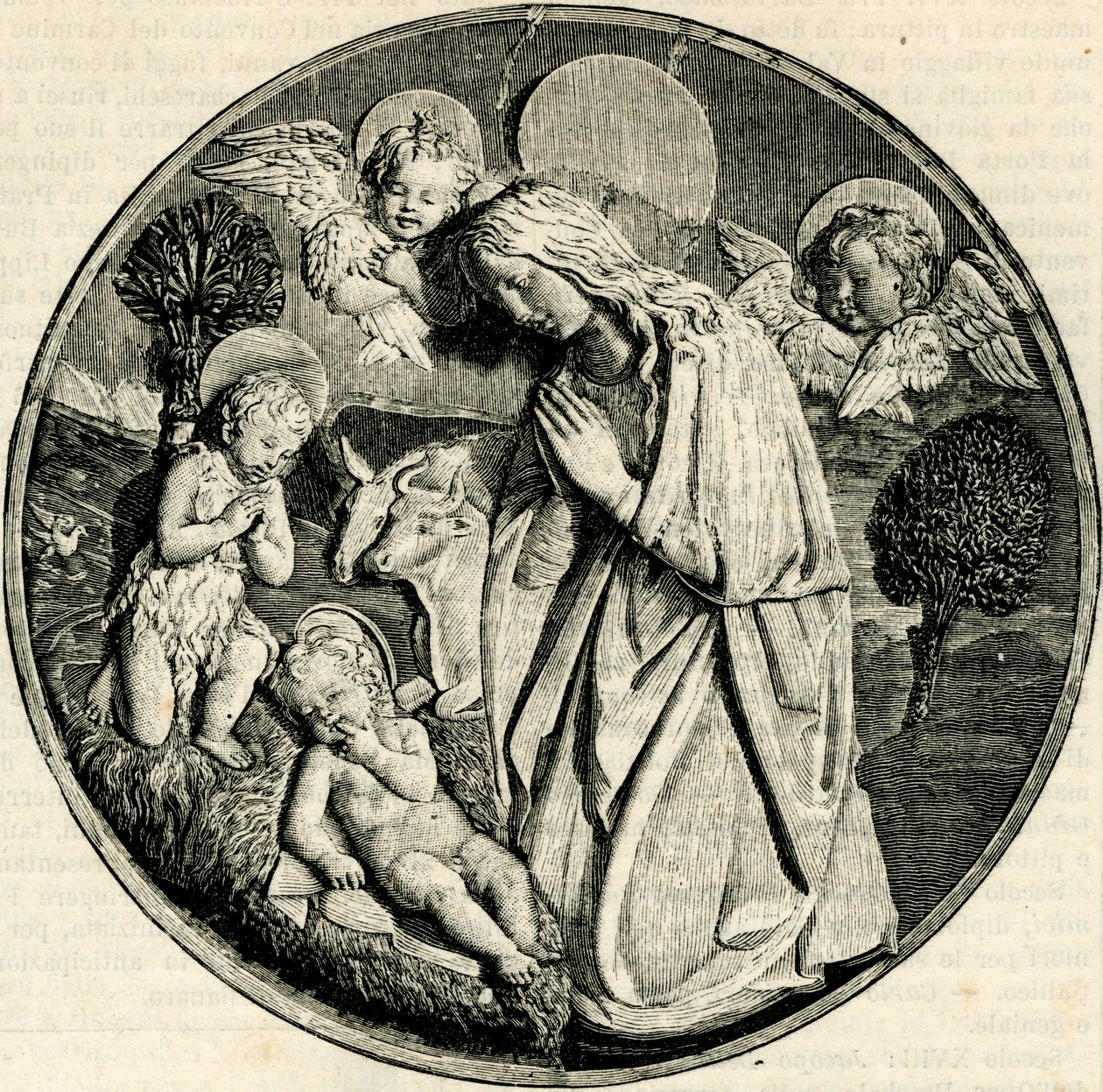 Madonna in Anbetung des Kindes mit dem kleinen Johannes dem Täufer und Engeln, von Luca della Robbia (1399/1400-1482), Prato, Toskana, Italien, Holzschnitt aus Le cento città d