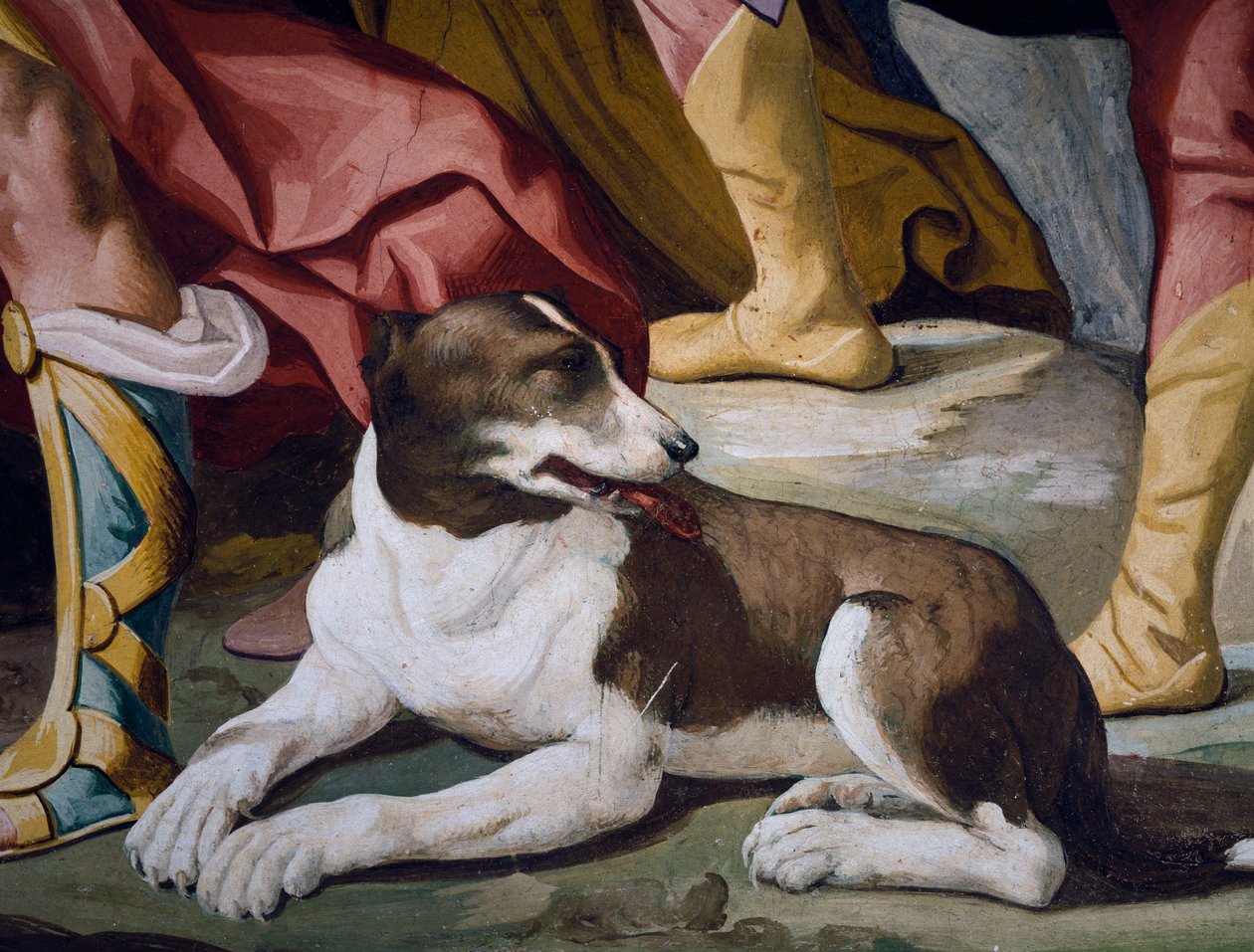 Hund, Detail des Freskos aus dem Zyklus der Geschichten von Antenor von Luca Ferrari