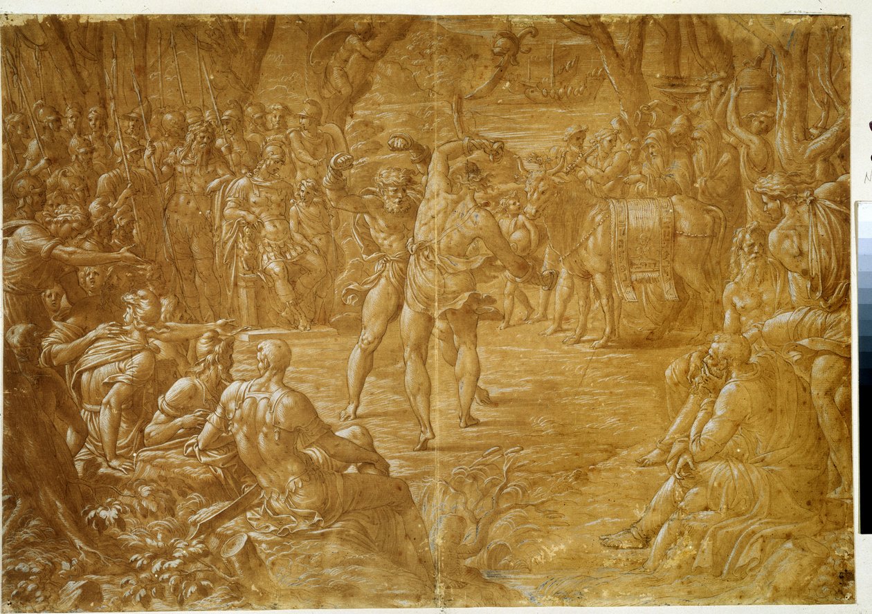 Der Boxkampf (Pugilat) Gegner von Sizilien zu Dares de Troy, um 1544 von Luca Penni