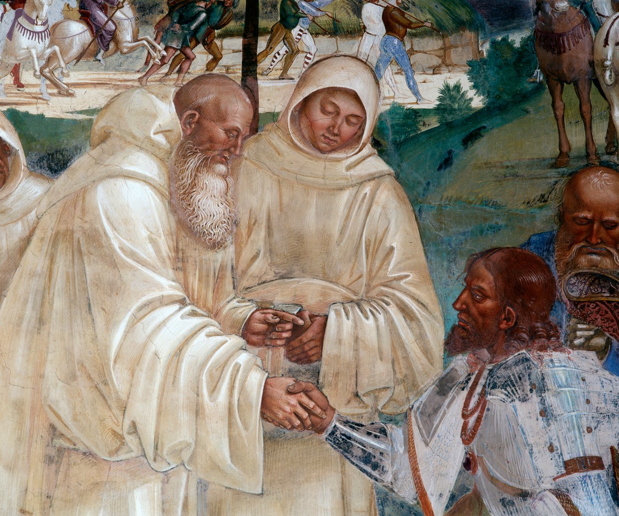 Benedikt empfängt Totila, der sich entschuldigen will (Detail) von Luca Signorelli