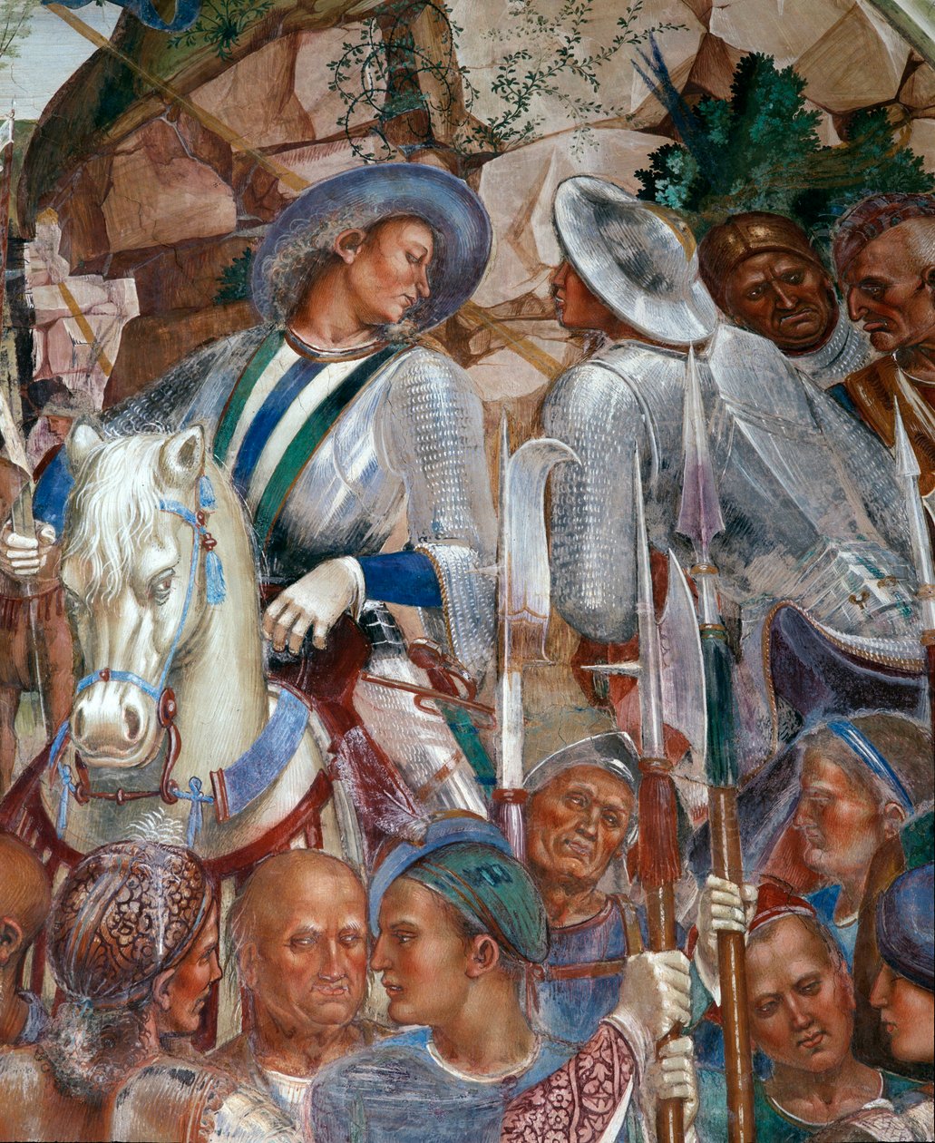Benedikt erkennt und begrüßt den König der Goten Totila, der gekommen ist, um sich zu entschuldigen (Detail) von Luca Signorelli