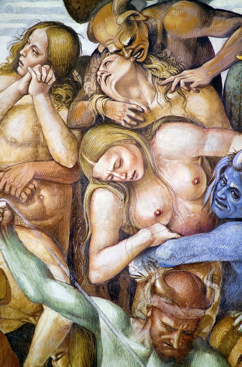 Verdammte in der Hölle, Selbstporträt von Luca Signorelli als blauer Dämon (Detail) von Luca Signorelli