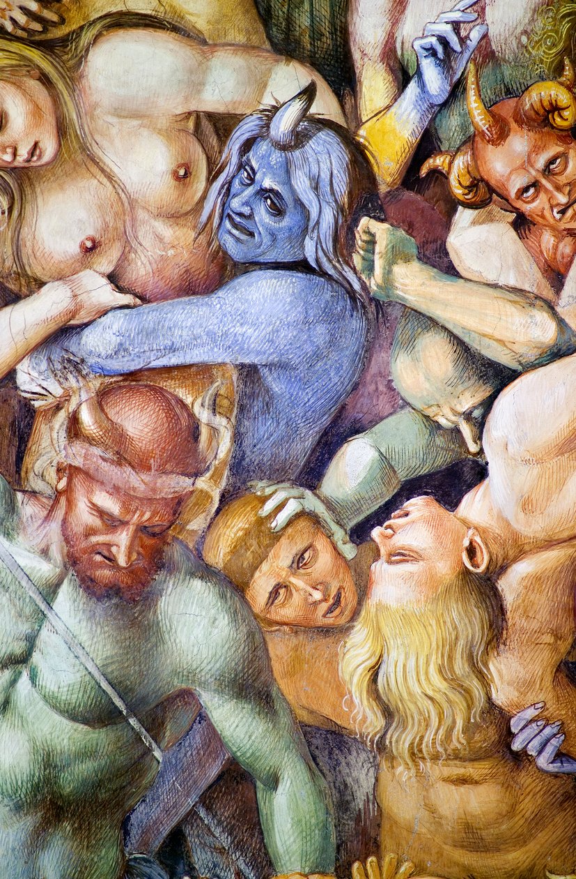 Verdammte in der Hölle, Selbstporträt von Luca Signorelli als blauer Dämon (Detail) von Luca Signorelli