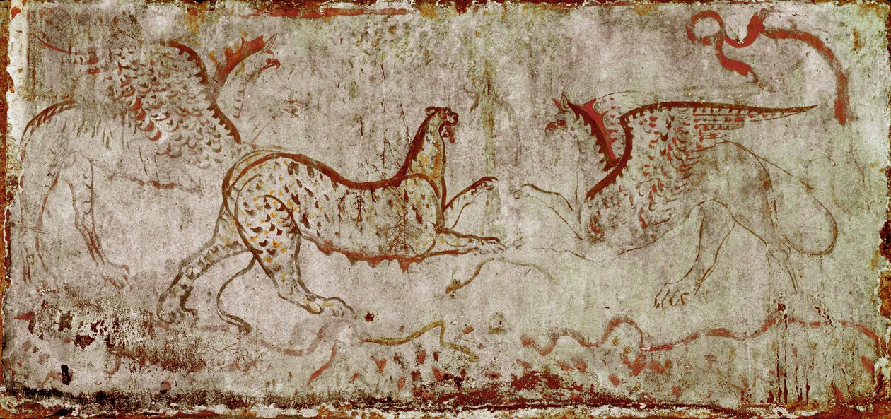 Ein Kampf zwischen einem Panther und einem Greif. Lukanisches Fresko aus dem 4. Jahrhundert v. Chr., aus dem Grab des Reiters, Nekropole von Paestum, Italien von Lucanian School