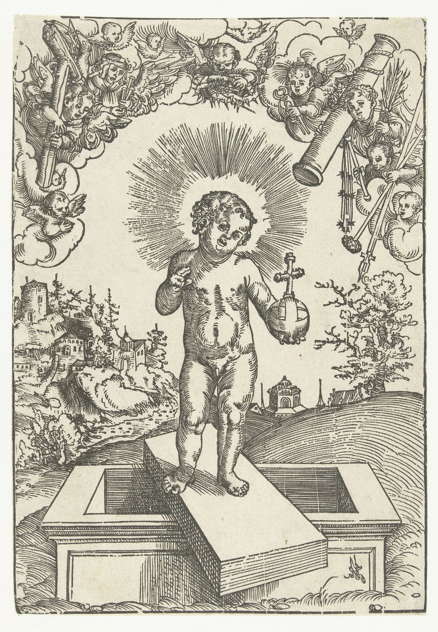 Christuskind als Erlöser, umgeben von Engeln mit Leidenswerkzeugen von Lucas Cranach