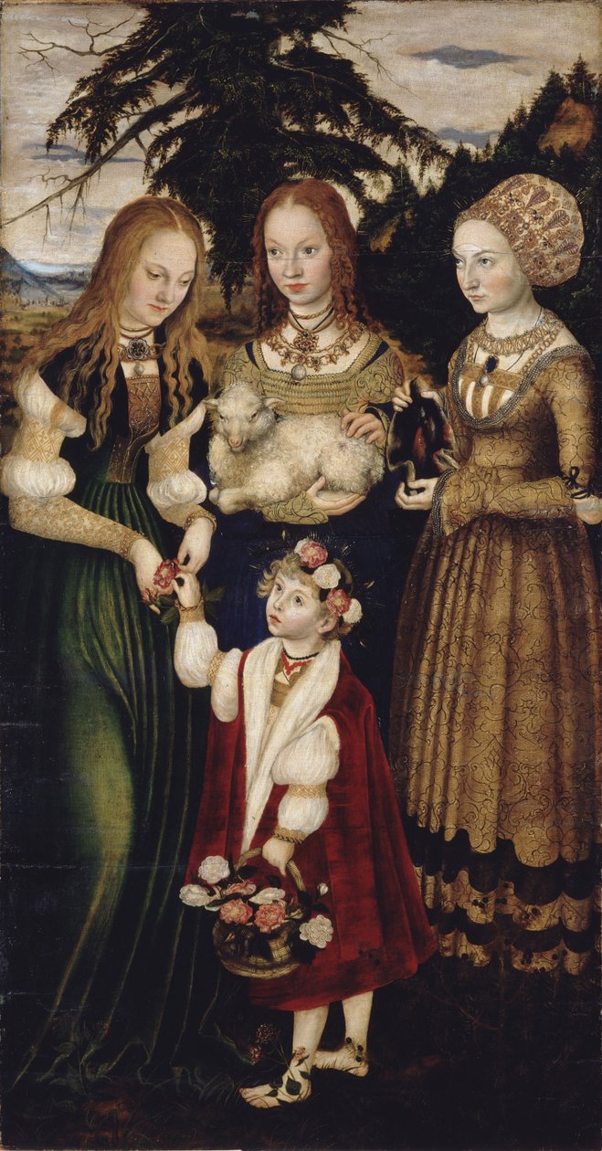 Altarbild mit dem Martyrium der Heiligen Katharina, linker Flügel: Die Heiligen Dorothea, Agnes und Kunigunde von Lucas Cranach the Elder