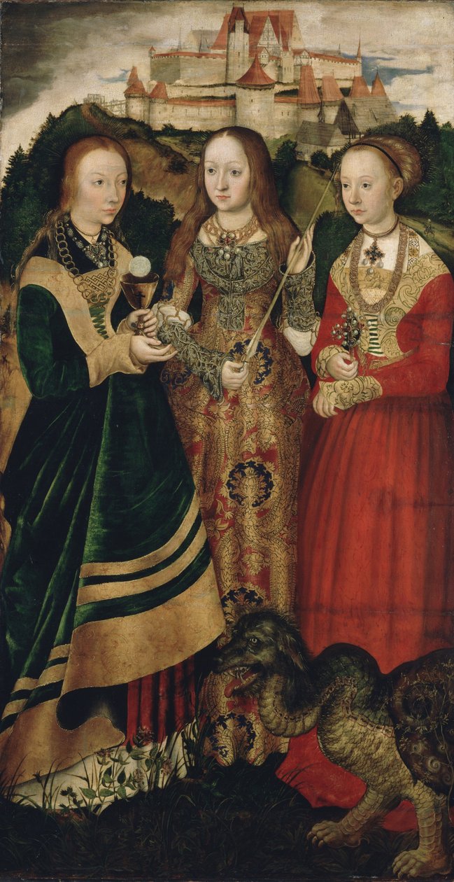 Altarbild mit dem Martyrium der Heiligen Katharina, rechter Flügel: Die Heiligen Barbara, Ursula und Margareta von Lucas Cranach the Elder