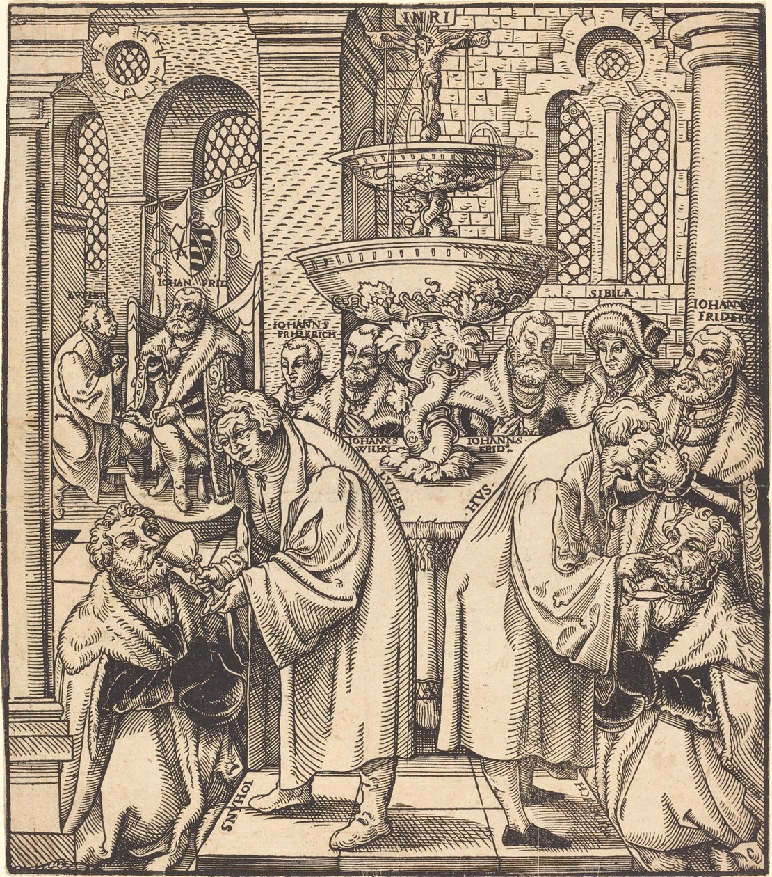 Die Reformatoren Luther und Hus geben den Fürsten des Hauses Sachsen die Kommunion von Lucas Cranach the Elder