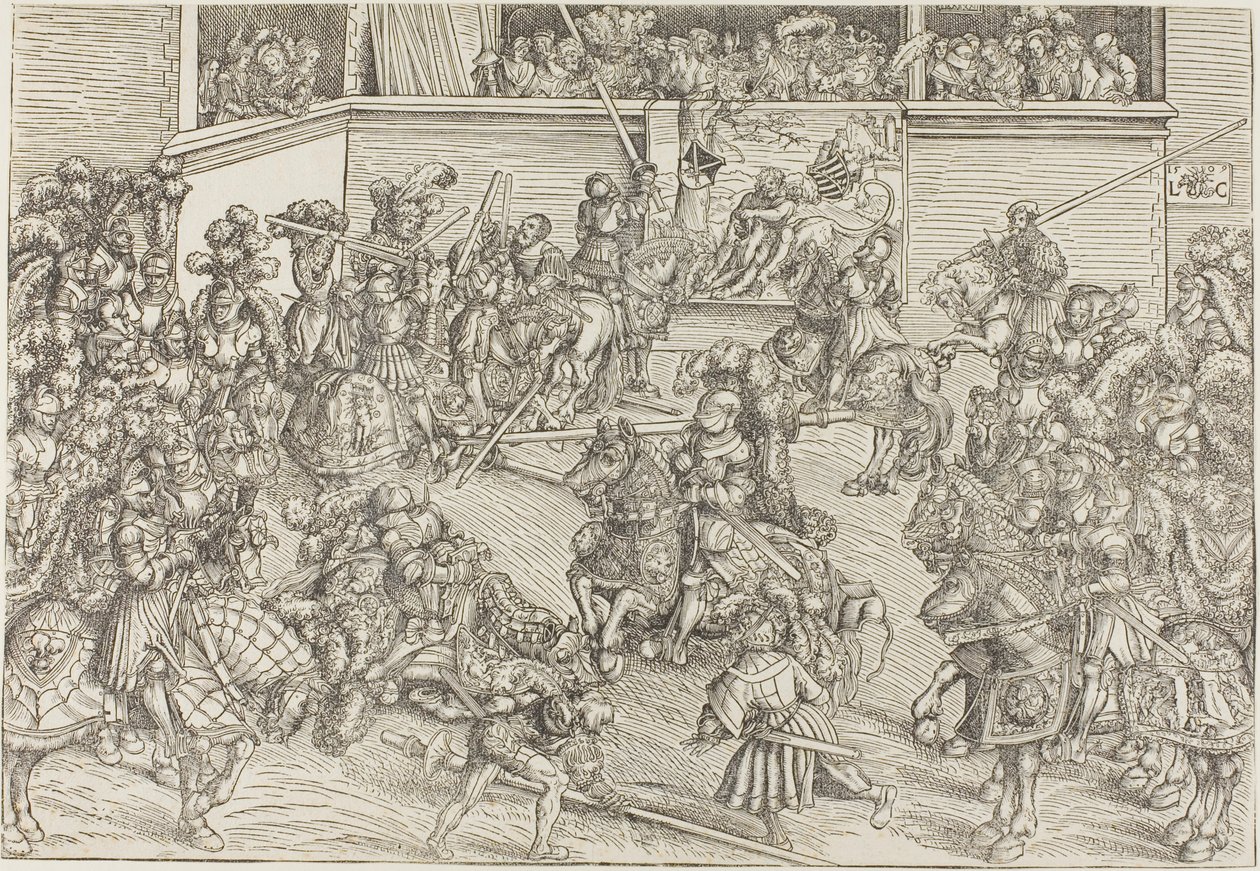 Das zweite Turnier mit einem Wandteppich, der Samson und den Löwen zeigt von Lucas Cranach the Elder