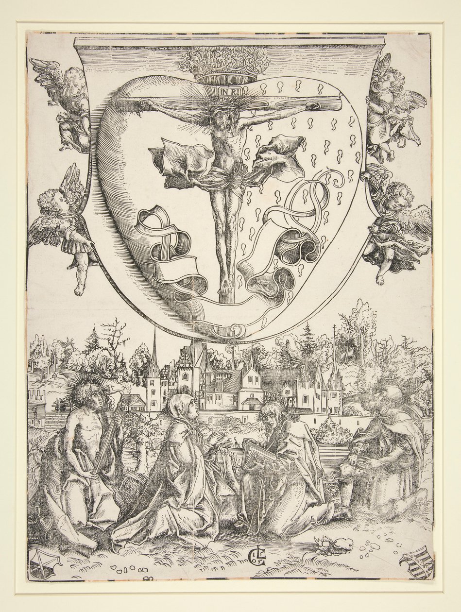 Die Jungfrau, Sankt Johannes, Sankt Laurentius und Sankt Rochus mit den Waffen des Heiligen Herzens von Lucas Cranach the Elder