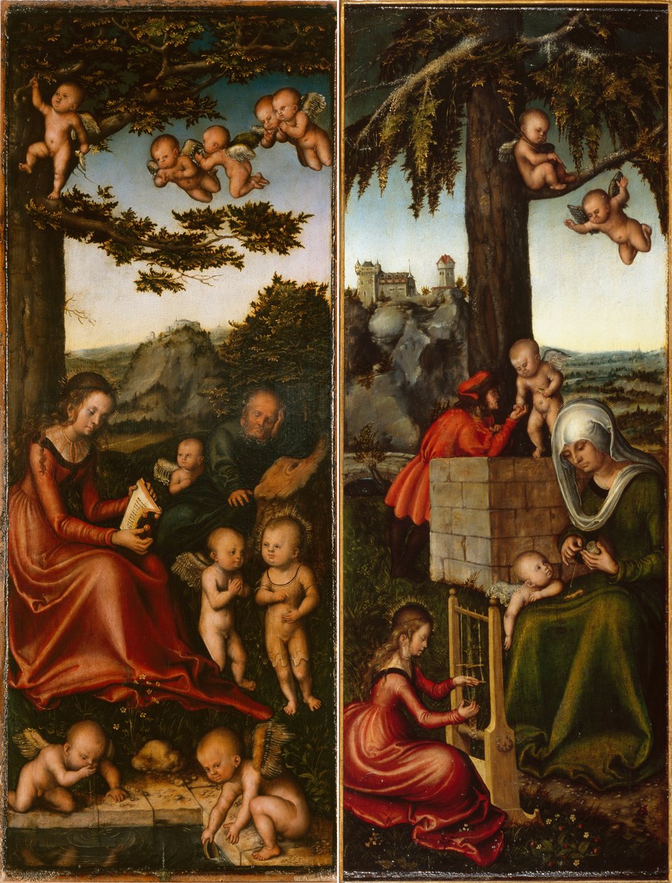 Heilige Familie von Engeln umgeben & Erziehung der Jungfrau Maria (linker und rechter Flügel eines Marienaltares) von Lucas Cranach the Elder and workshop