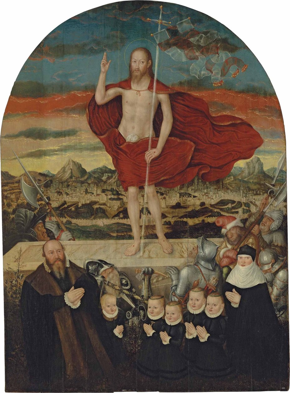 Der auferstandene Christus mit einer Stifterfamilie von Lucas Cranach the Younger