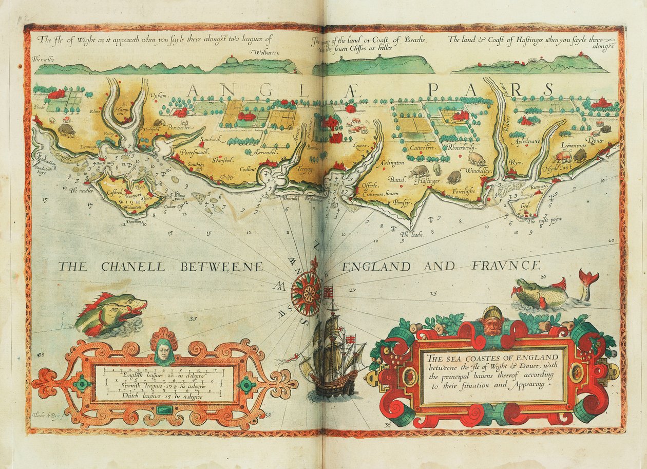 Die Seeküsten Englands zwischen der Isle of Wight und Dover, mit den wichtigsten Häfen davon gemäß ihrer Lage und Erscheinung, ca. 1588 von Lucas Janszoon Waghenaer