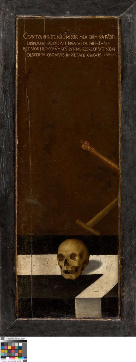 Johannes der Täufer (linker Flügel), Stifter (rechter Flügel), Vanitas-Stillleben (geschlossen) von Lucas de Heere