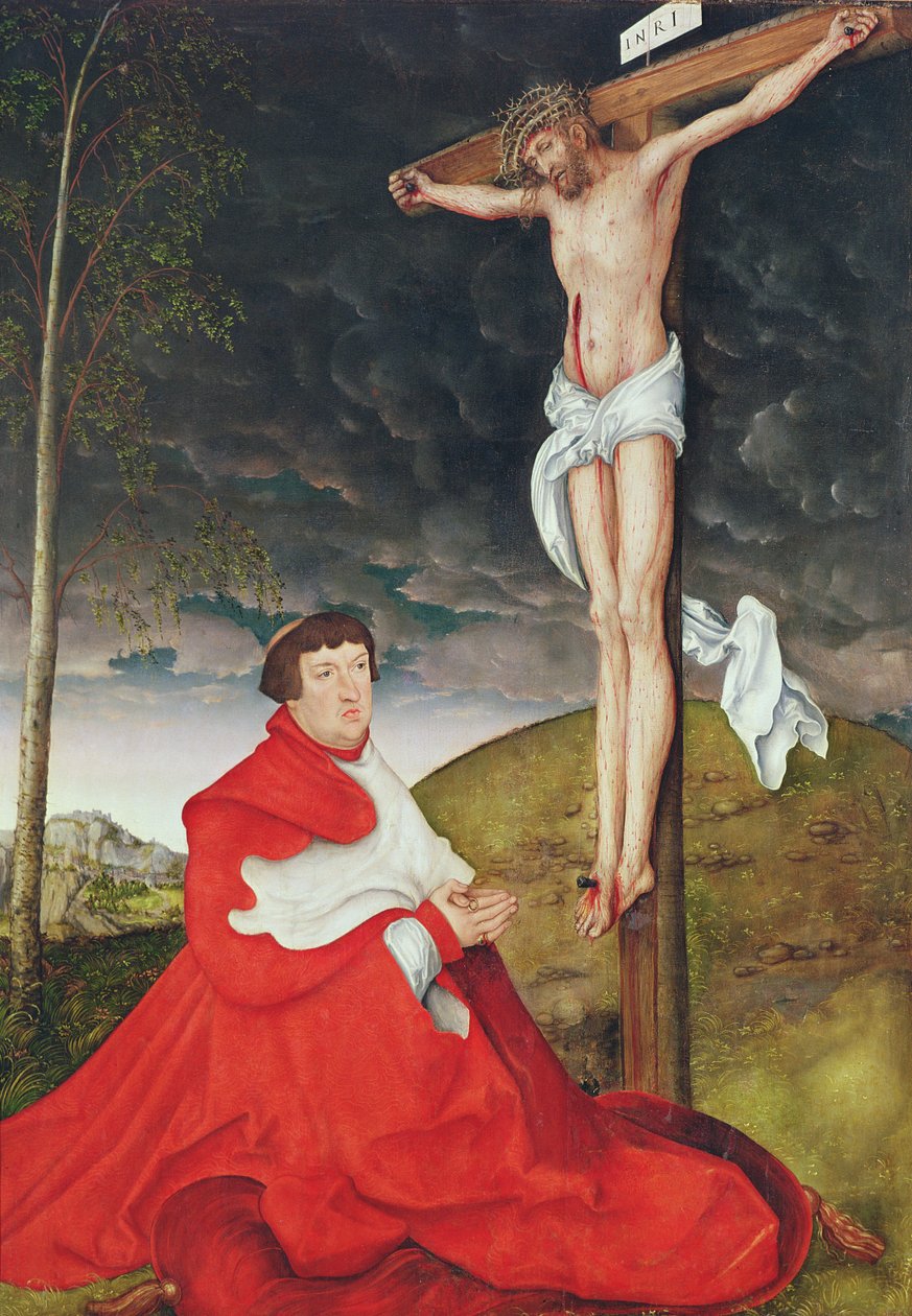 Albert, Kurfürst von Mainz am Fuße des Kreuzes von Lucas the Elder Cranach