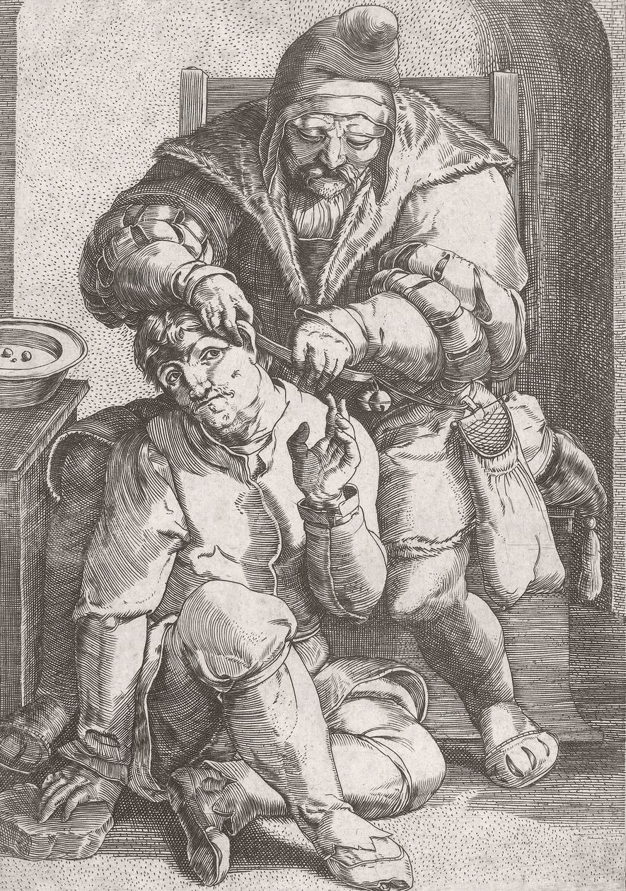 Chirurg des 17. Jahrhunderts behandelt das Ohr eines Patienten von Lucas van (after) Leyden