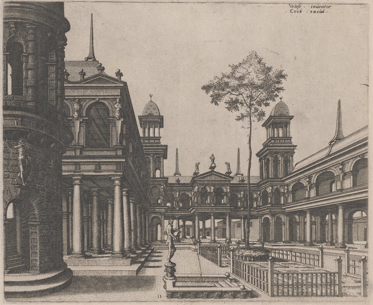 Platz mit einem runden Gebäude links und einem Obelisken im Hintergrund von Lucas van Doetechum and Johannes