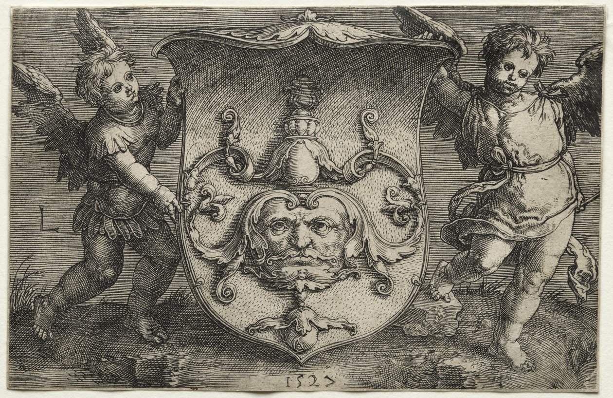 Ein Schild mit einer Maske, unterstützt von zwei Genien von Lucas van Leyden