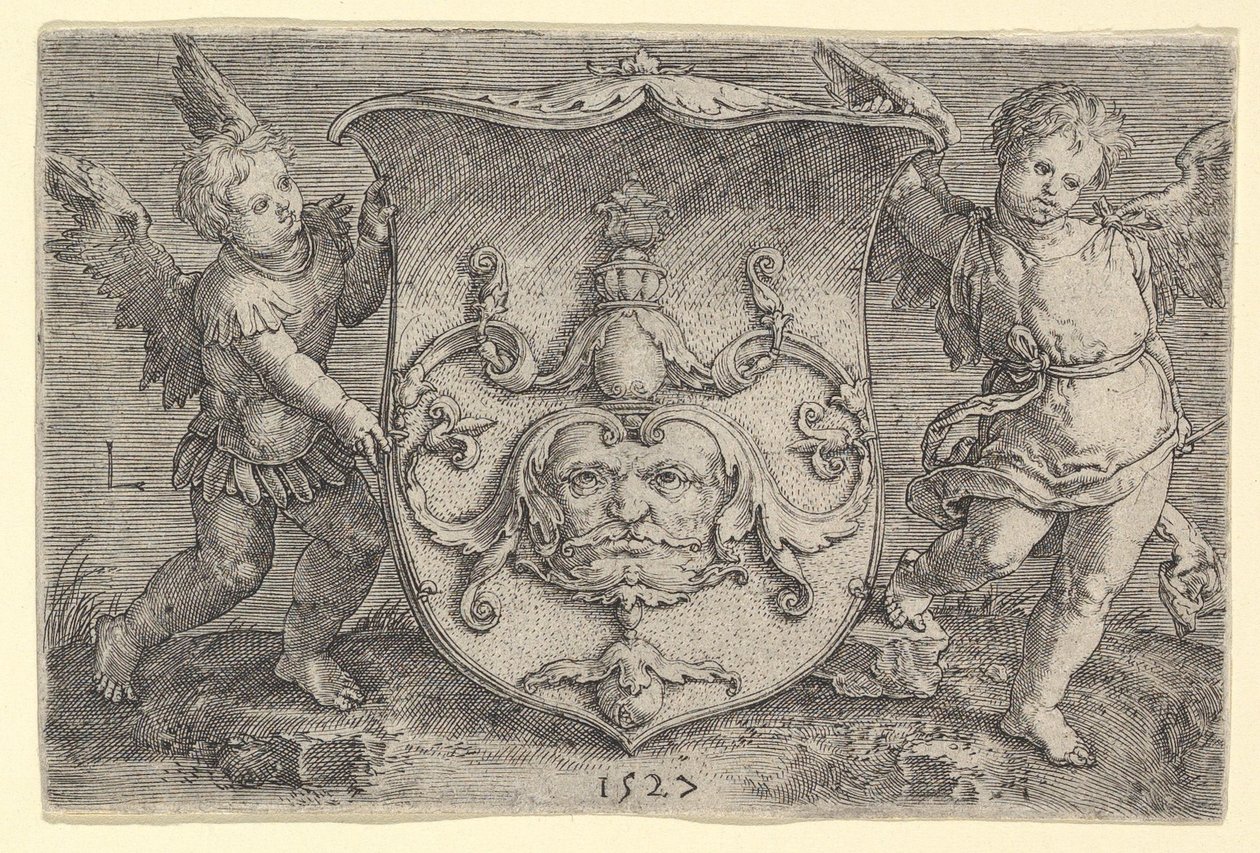 Wappen mit einer Maske, gehalten von zwei Genien, 1527 von Lucas van Leyden