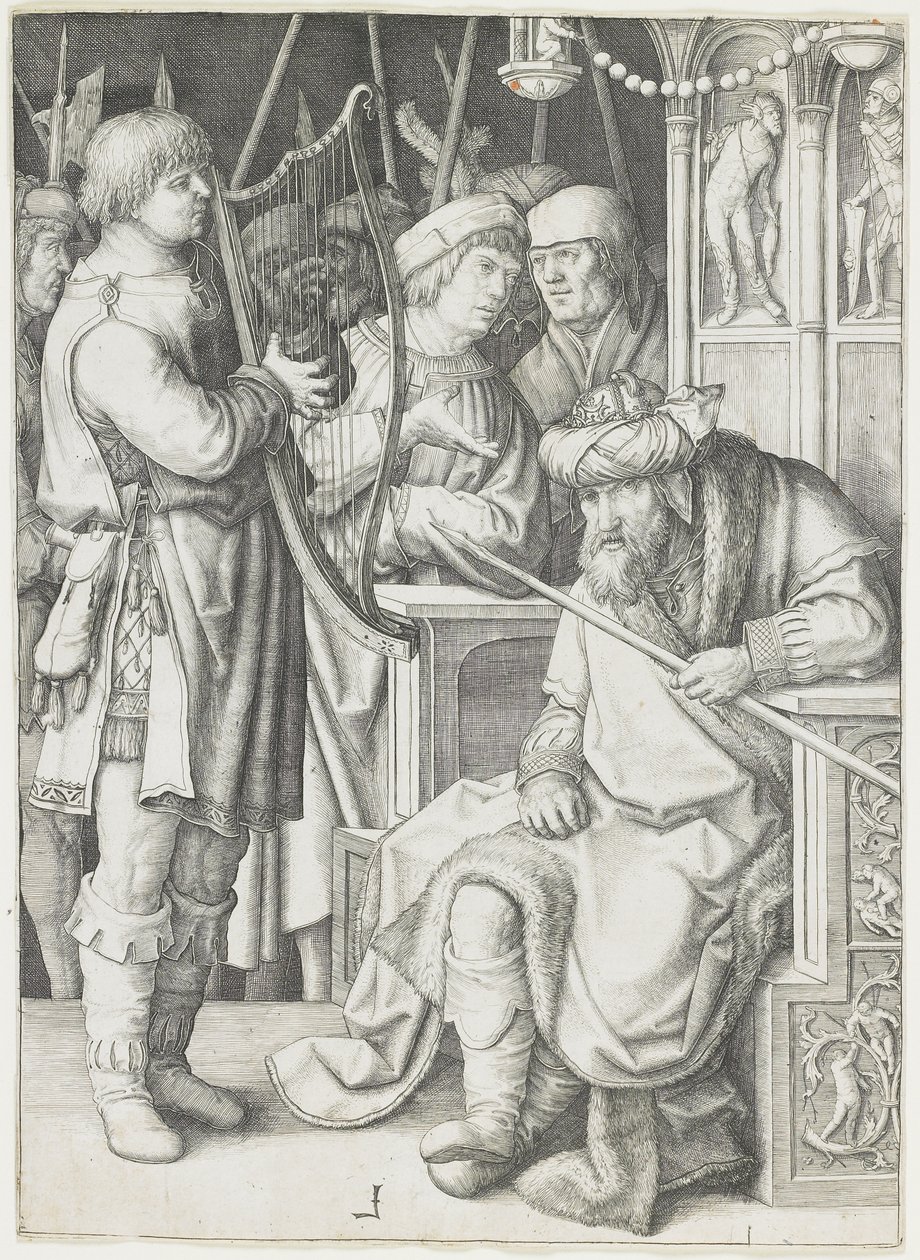 David spielt die Harfe vor Saul, ca. 1508 von Lucas van Leyden