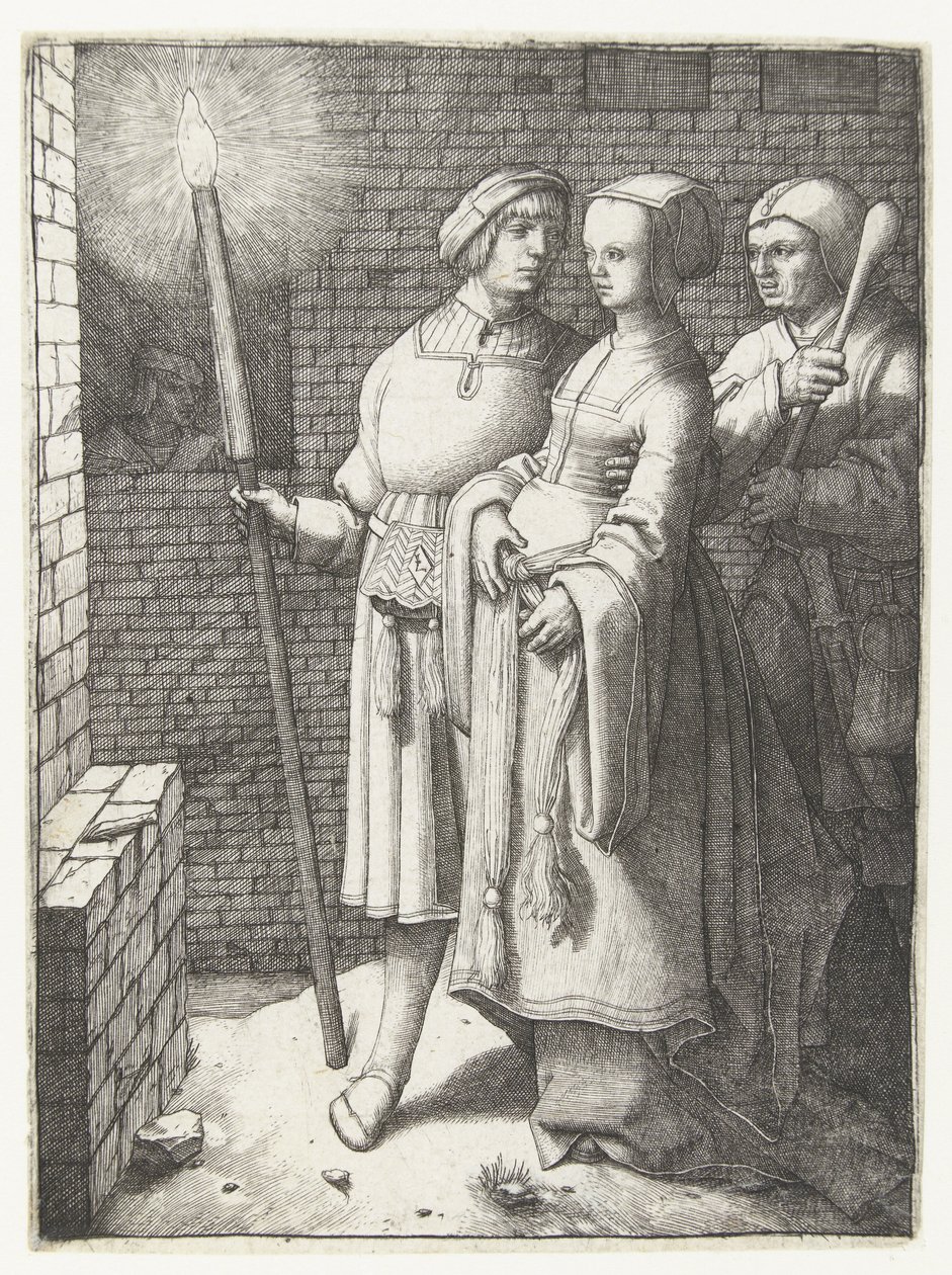 Junger Mann mit Fackel, eine Frau und ein Narr von Lucas van Leyden