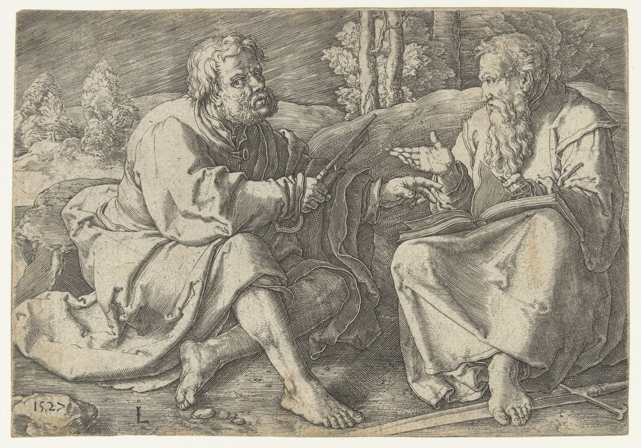 Paulus und Petrus sitzend in einer Landschaft von Lucas van Leyden