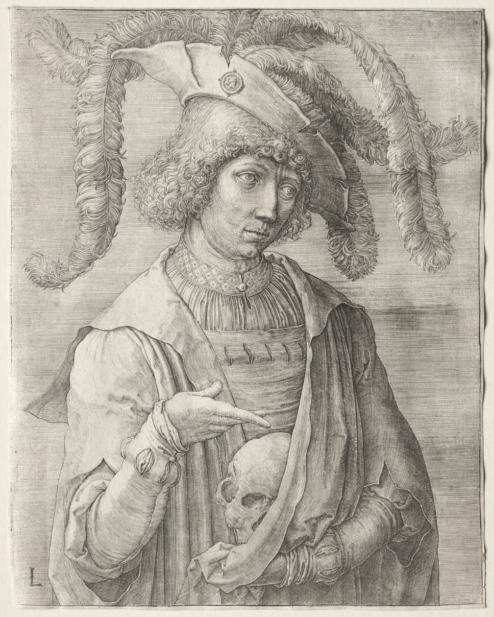 Porträt eines jungen Mannes mit einem Schädel von Lucas van Leyden