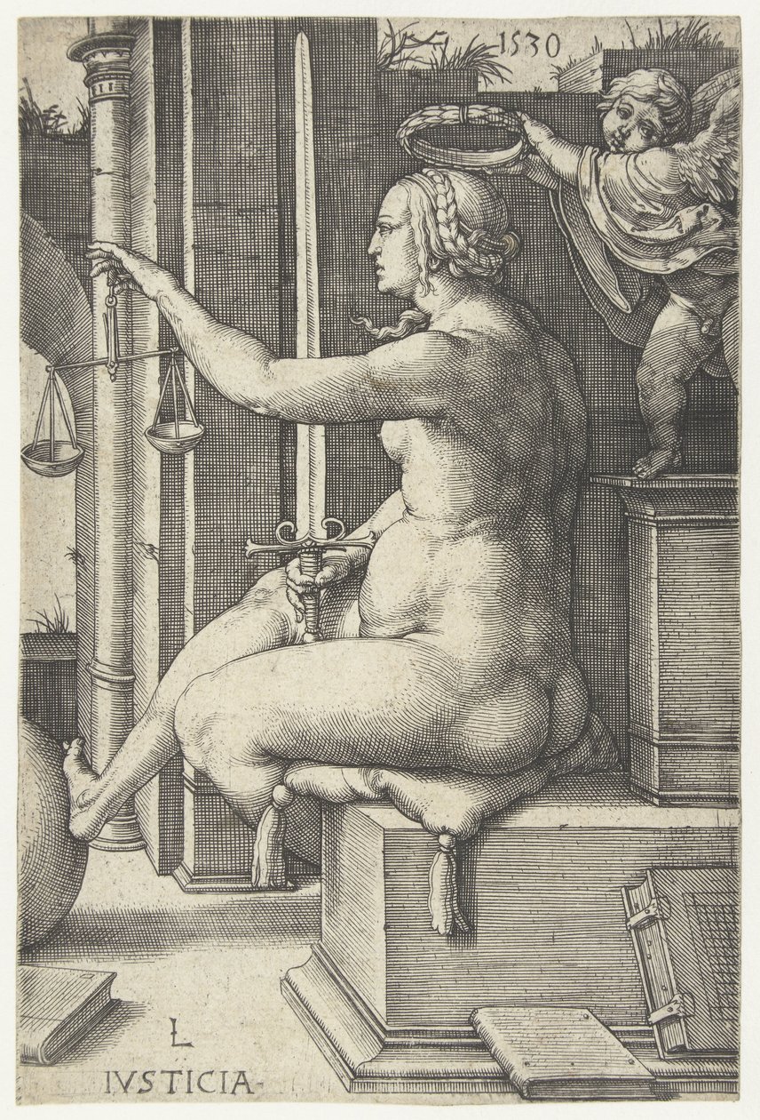 Gerechtigkeit. Iusticia (Titel auf Objekt). Sieben Tugenden (Serientitel) von Lucas van Leyden