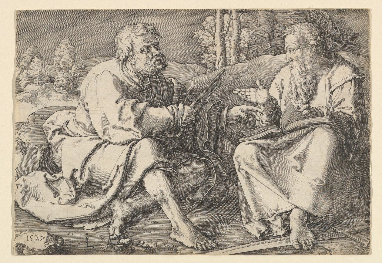 Die Heiligen Petrus und Paulus sitzen in einer Landschaft, 1527 von Lucas van Leyden