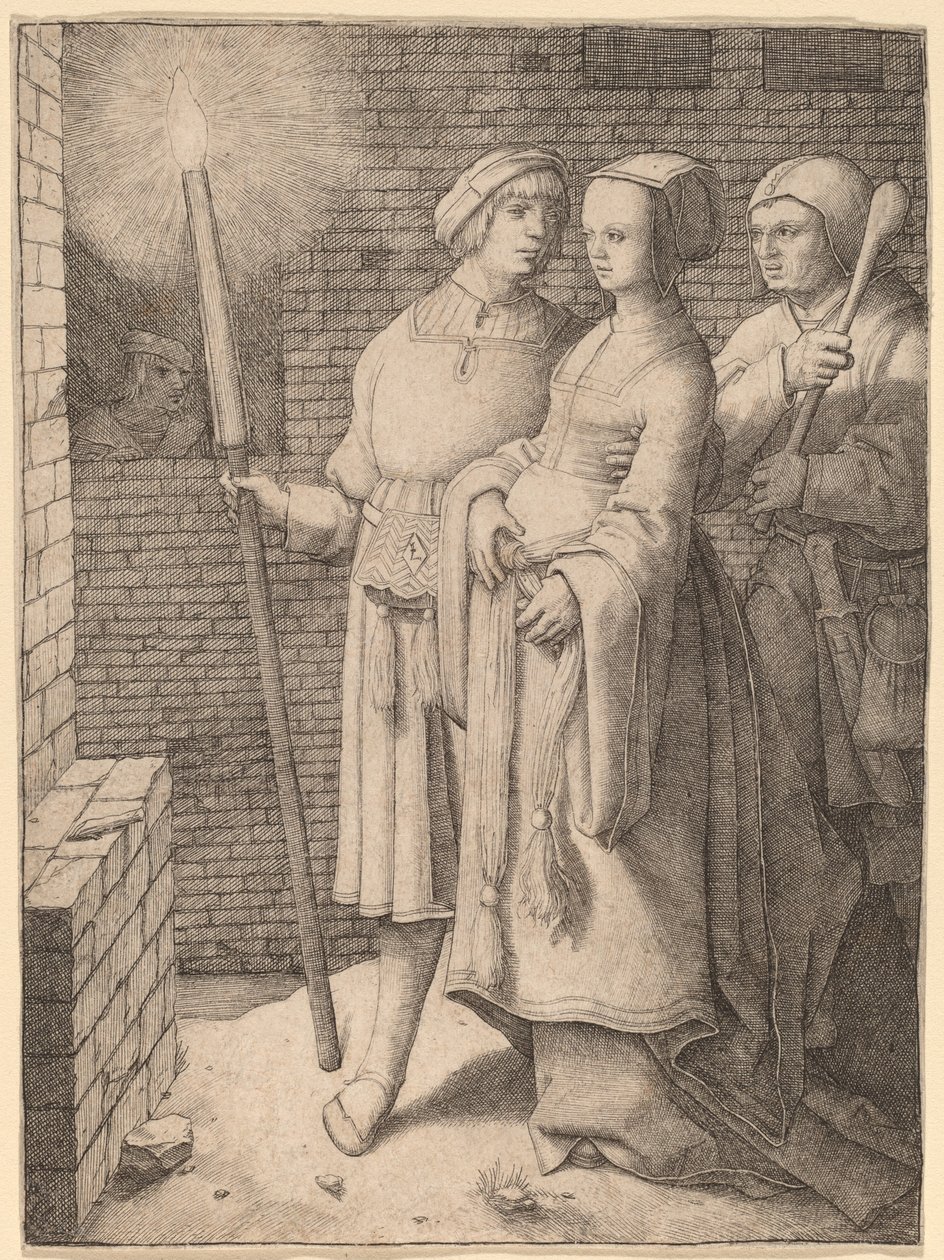 Der Mann mit der Fackel und eine Frau, gefolgt von einem Narren von Lucas van Leyden