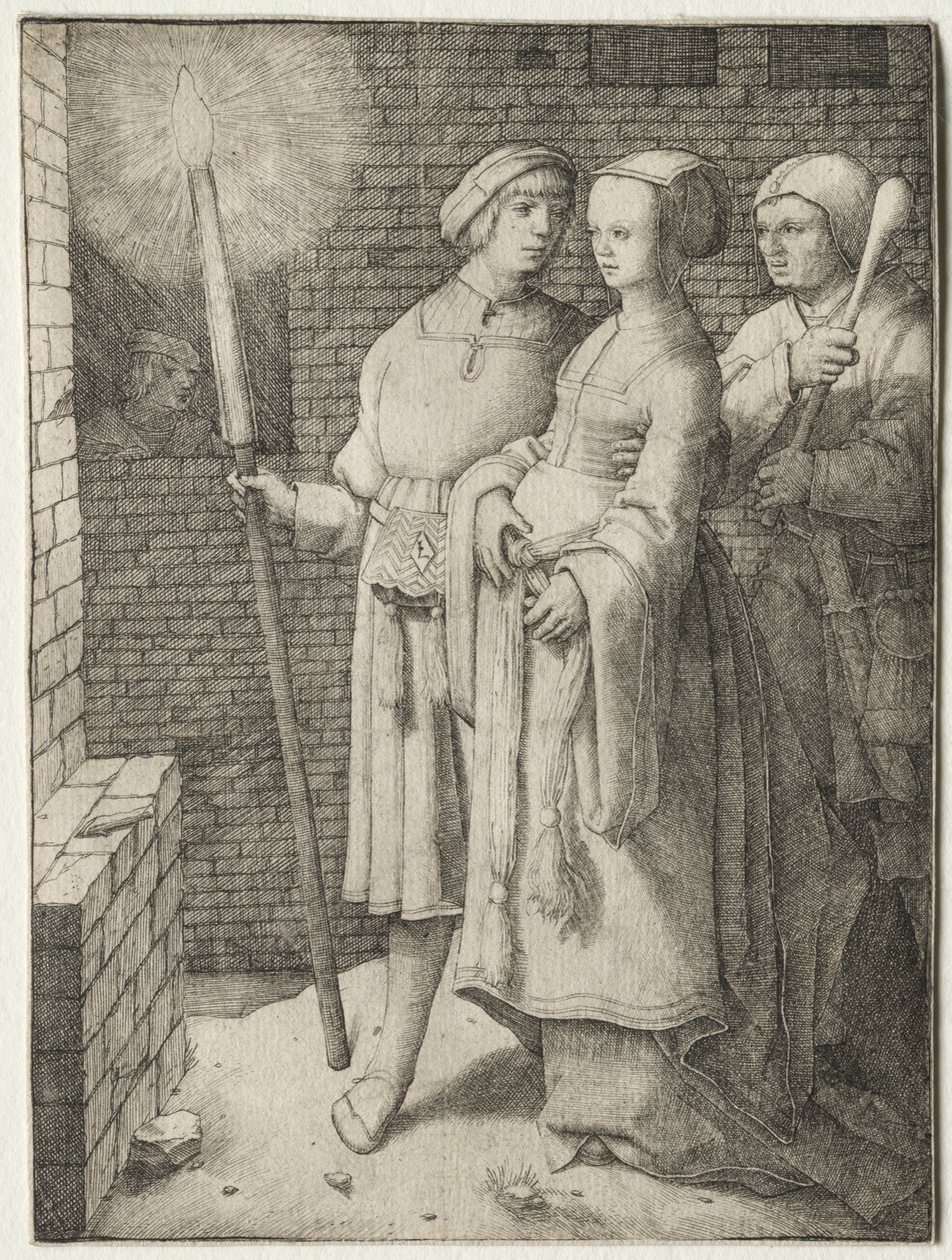 Der Mann mit der Fackel und eine Frau, gefolgt von einem Narren, um 1508 von Lucas van Leyden