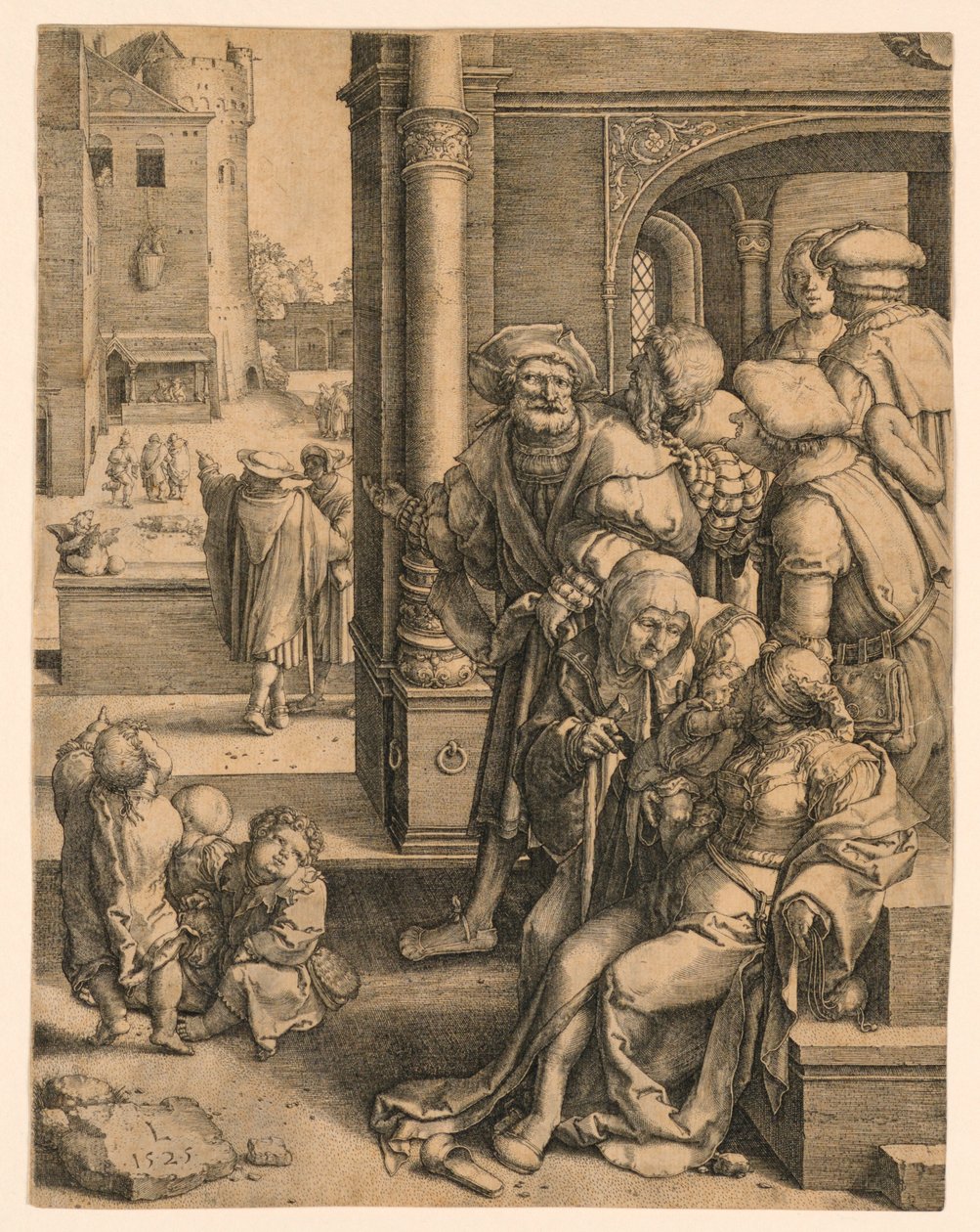 Der Dichter Virgil in einem Korb aufgehängt von Lucas van Leyden