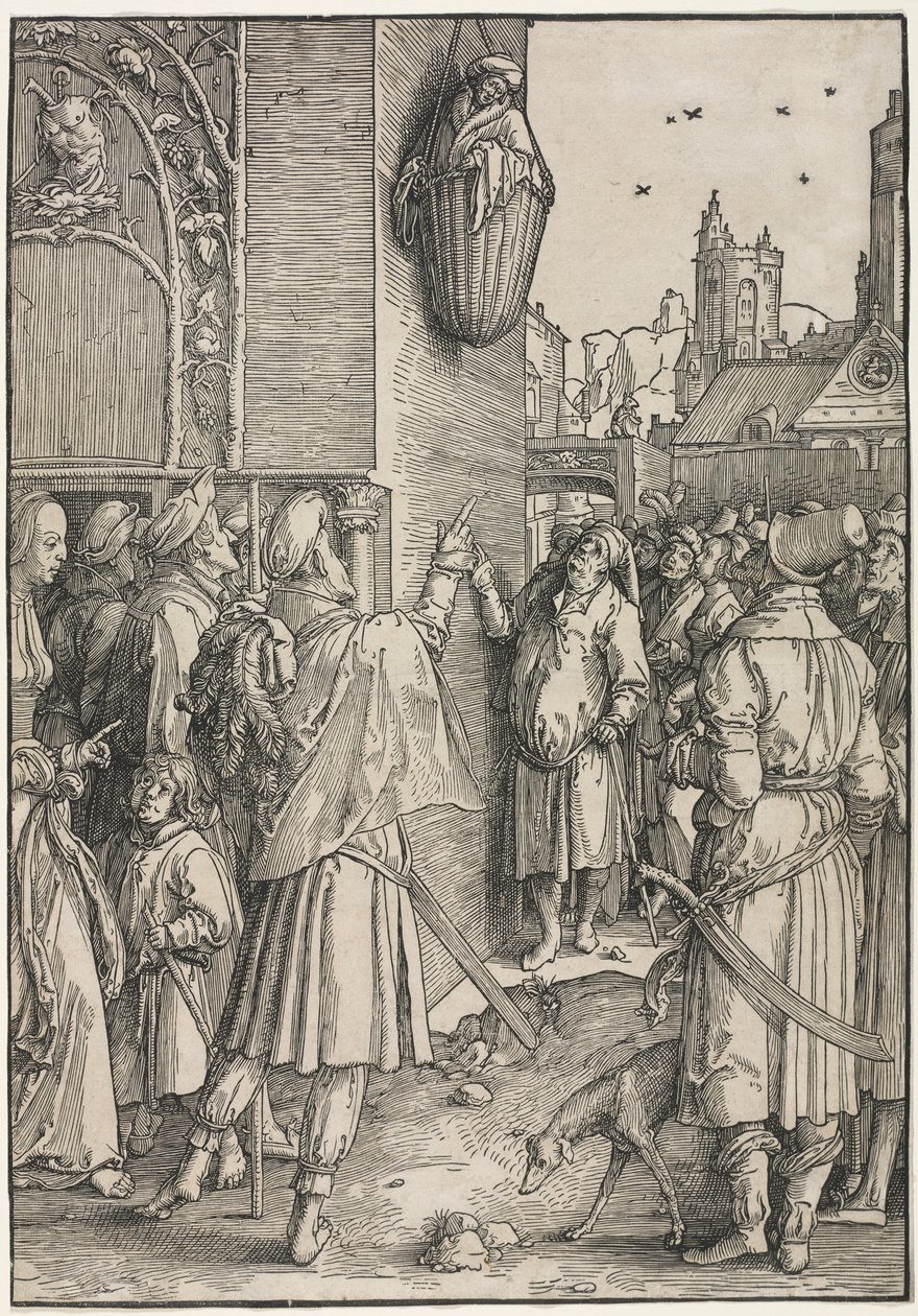 Die Macht der Frauen: Der Dichter Virgil in einem Korb aufgehängt, ca. 1512 von Lucas van Leyden