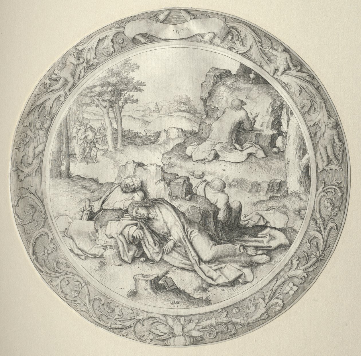 Die Runde Passion: Christus in Gethsemane (Agonie im Garten) von Lucas van Leyden