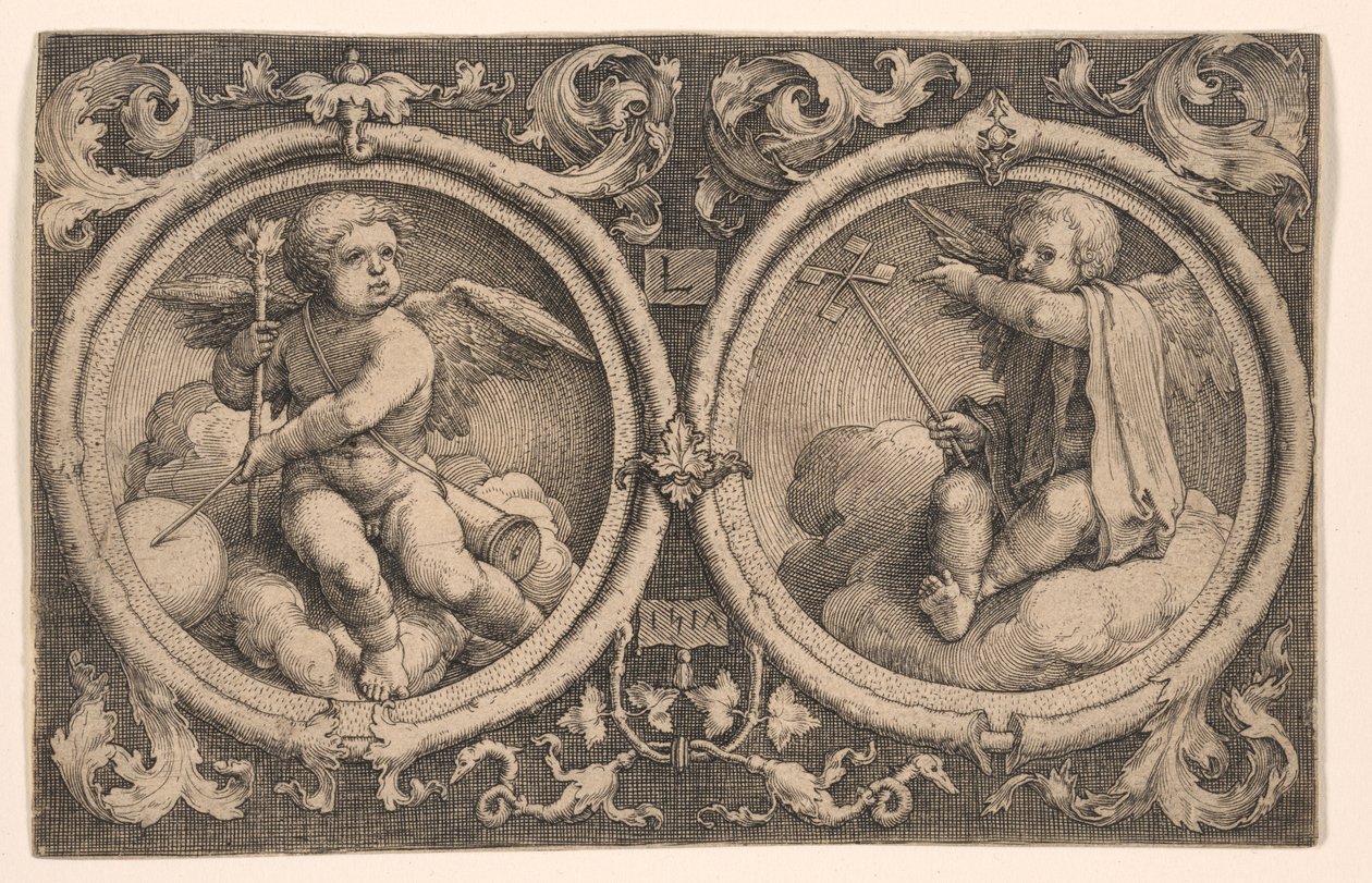 Zwei Cupidos auf Wolken sitzend von Lucas van Leyden