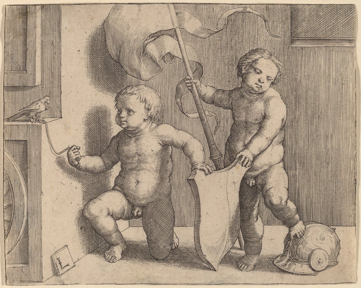 Zwei nackte Kinder, die ein leeres Schild halten von Lucas van Leyden