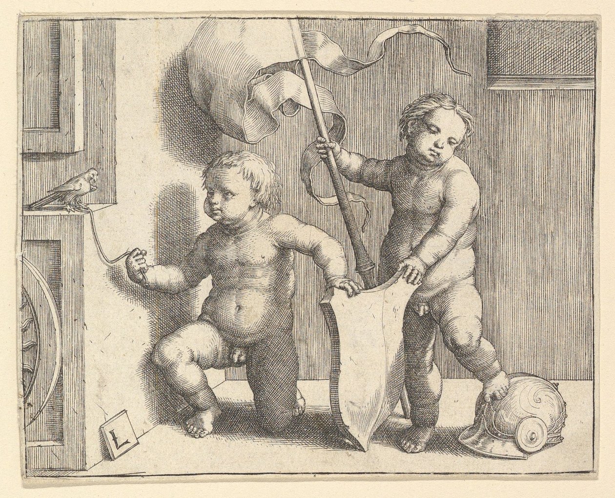 Zwei nackte Kinder, die ein leeres Schild halten von Lucas van Leyden