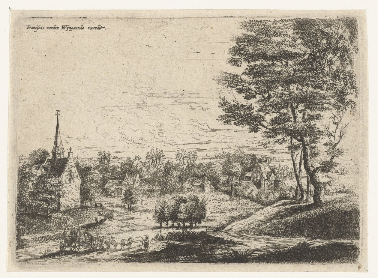 Blick auf ein Dorf mit einem Planwagen von Lucas van Uden