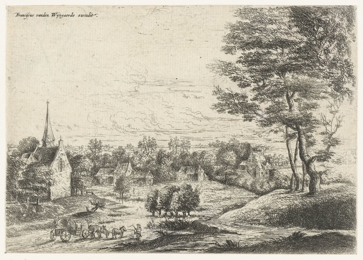 Ansicht eines Dorfes mit einem Planwagen von Lucas van Uden