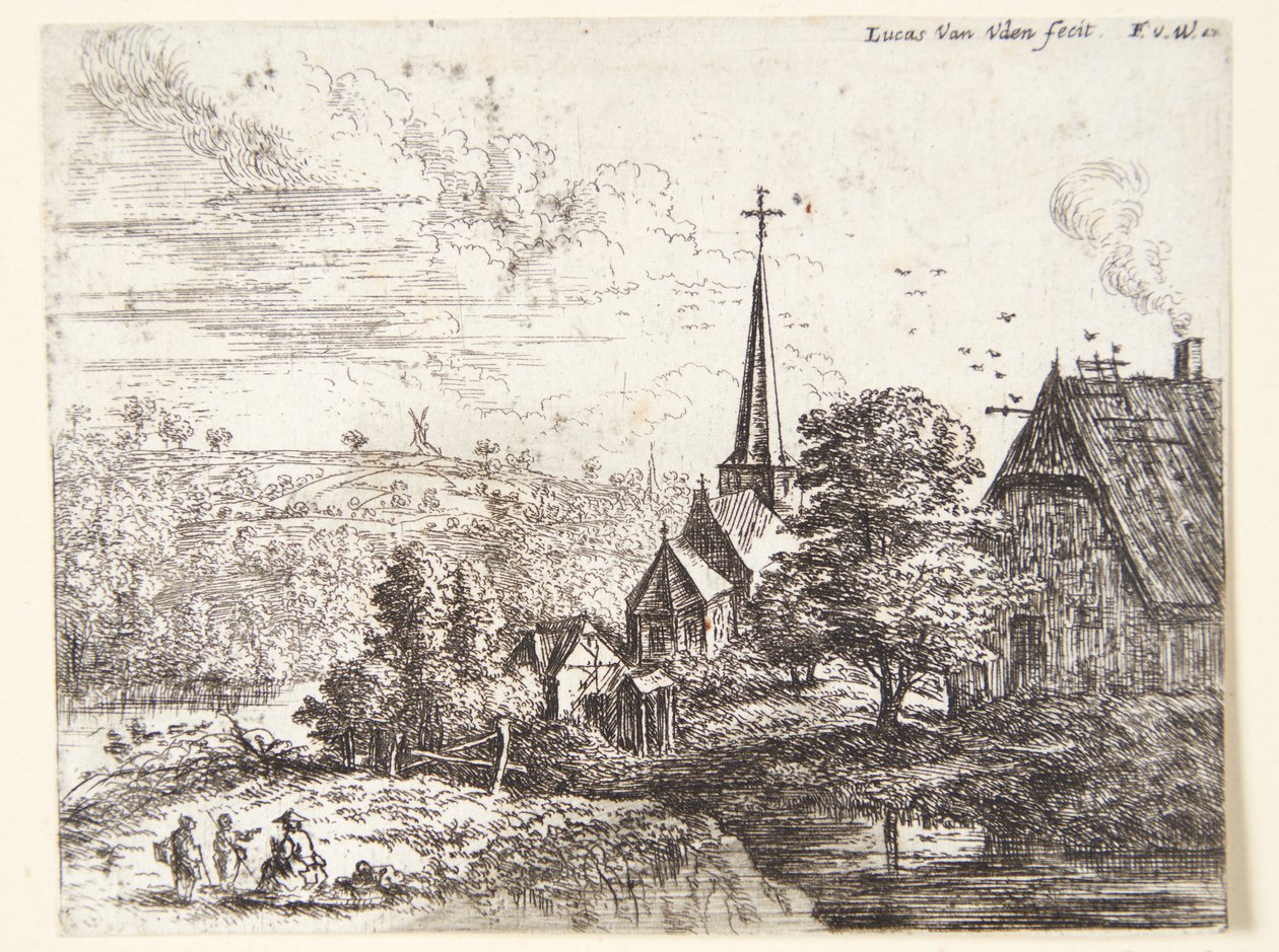 Dorf an einem Fluss, im Vordergrund drei Figuren von Lucas van Uden