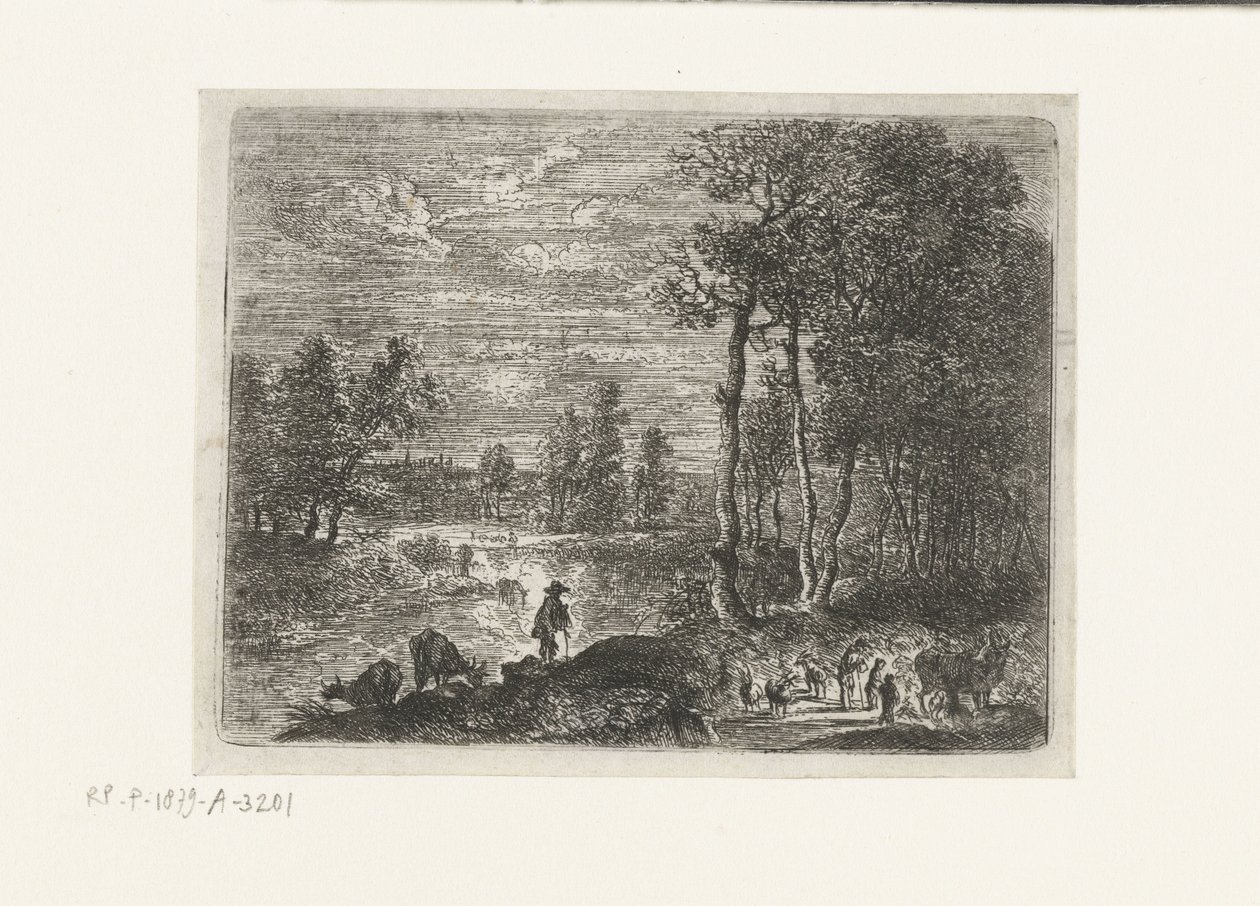 Landschaft bei Nacht mit Bauern und Vieh von Lucas van Uden