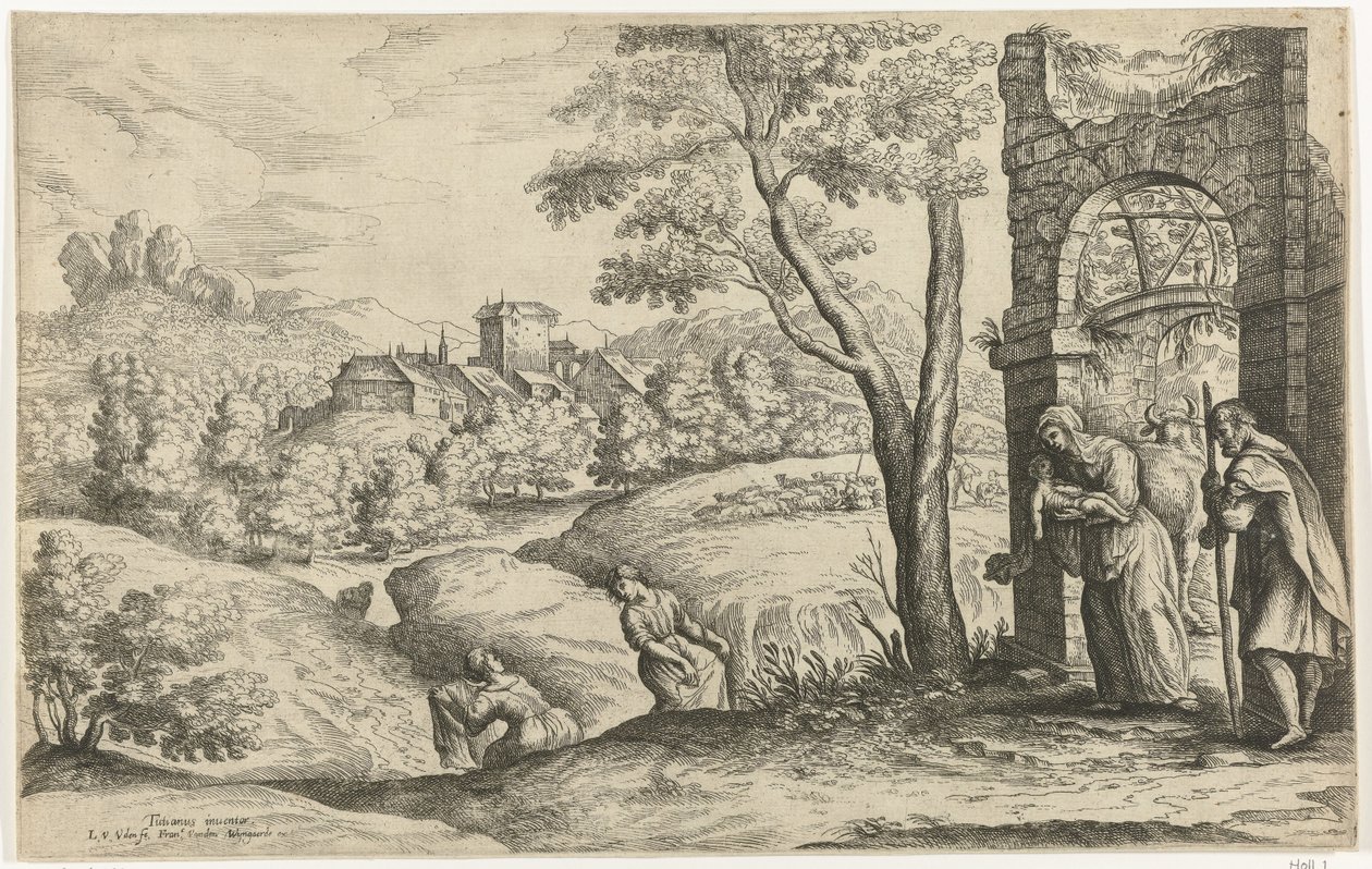 Landschaft mit der Heiligen Familie und zwei Hebammen von Lucas van Uden