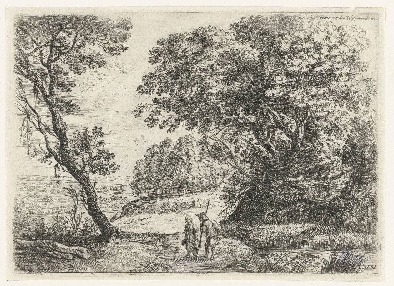 Landschaft mit einem Mann und einer Frau im Gespräch, Sechs Landschaften (Serientitel) von Lucas van Uden
